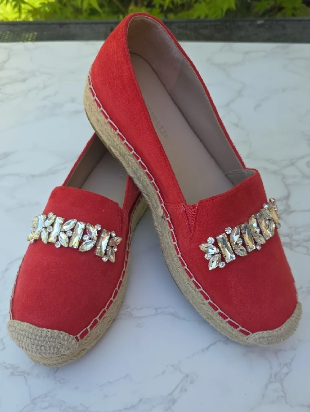 Karl Lagerfeld Size 8.5 Red Suede Jeweled Espadrille Flats Rhinestones Shoes